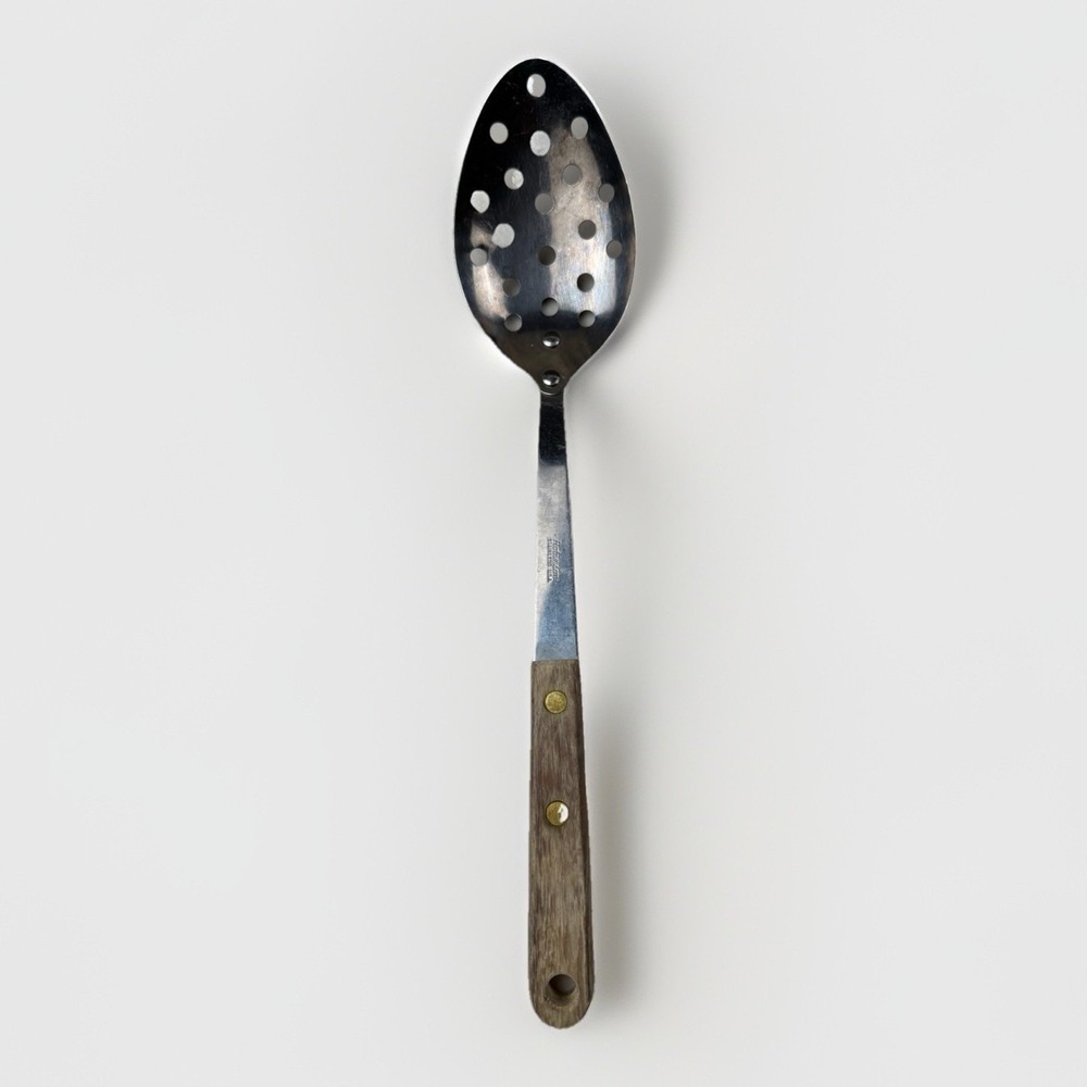 Robinson Stainless USA Slotted Spoon Vintage Wood Handle Riveted Kitchen Utensil